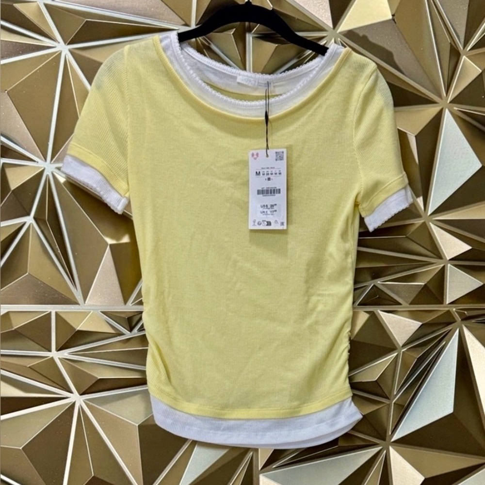 Zara Yellow Ribbed Layered Look Short Sleeve Top with Lace Trim Size M